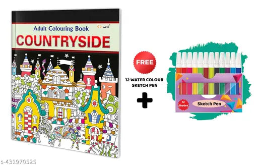 Countryside - Adult Colouring Book With 12 Water Colour Sketch Pen : Art & Craft Kit  Creative Coloring Fun  Mindful Coloring Book  Coloring Book for Adults