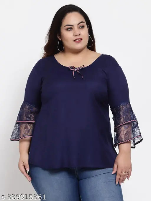 FAZZN Plus Size Blue Solid Round Neck Full Sleeves Rayon Top