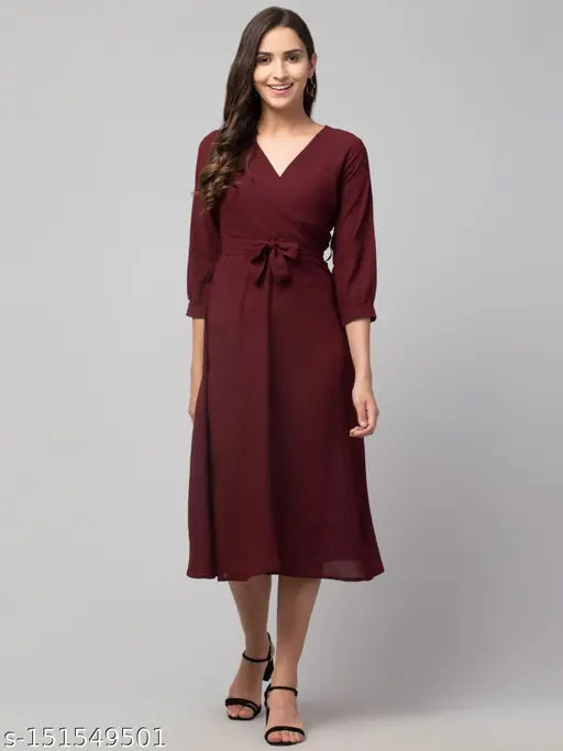 Women Solid Belted Midi Dress
