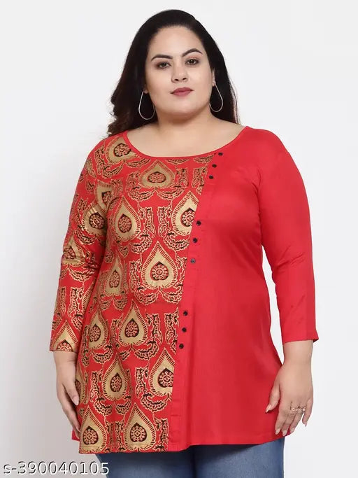FAZZN Plus Size Red Rayon Boat Neck Full Sleeves Screen Printed Top