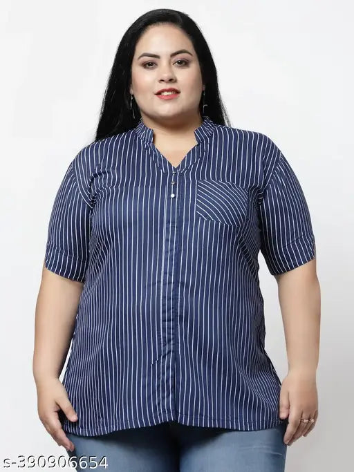 FAZZN Plus Size Stylish Blue Striped Collared Half Sleeves Rayon Top