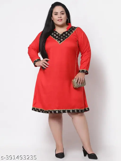 FAZZN Plus Size Customizable Knee-Length V-Neck Red Rayon Dress