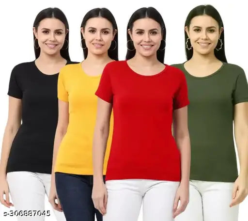 Women's Solid Round Neck Half Sleeve Combo T-shirts - Women's Combo T-shirts Pack of 4 Tshirts 