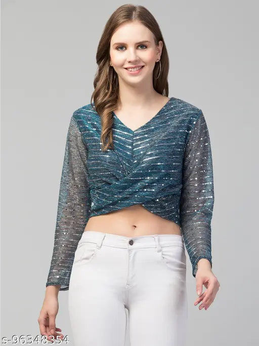 Women Girls Knot Style Tinsel Bling Party Top