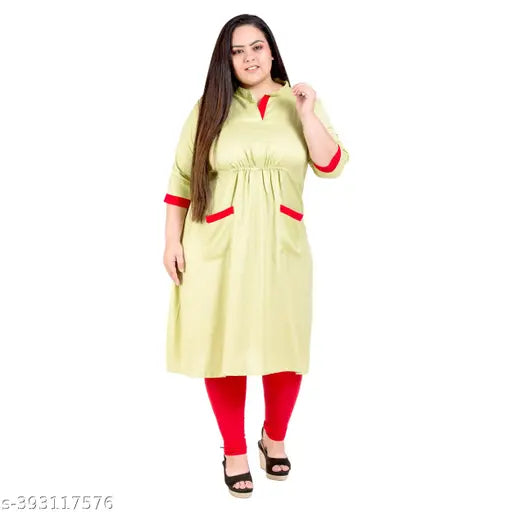 FAZZN Plus Size Green Rayon Collared Solid Kurti