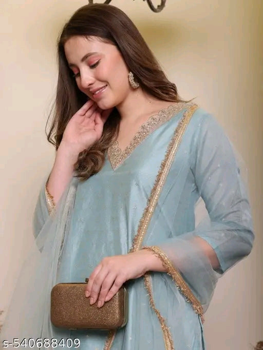 Woman's fully stitched Chanderi Silk Suit - Kurta with Bottom and  Dupatta set