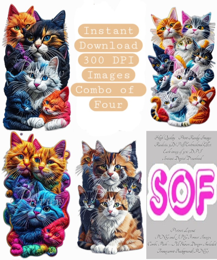 Cats #style1 Theme Pack of 4 Digital Images – 300 DPI Printable Art | Instant Download