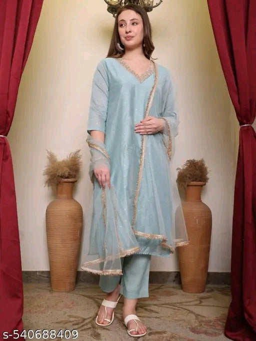 Woman's fully stitched Chanderi Silk Suit - Kurta with Bottom and  Dupatta set
