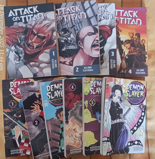 (Like new) Combo of 10 Manga Book Demon Slayer (1-6) and Attack on Titan (1-4)