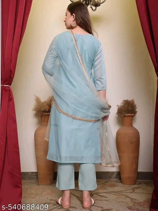 Woman's fully stitched Chanderi Silk Suit - Kurta with Bottom and  Dupatta set