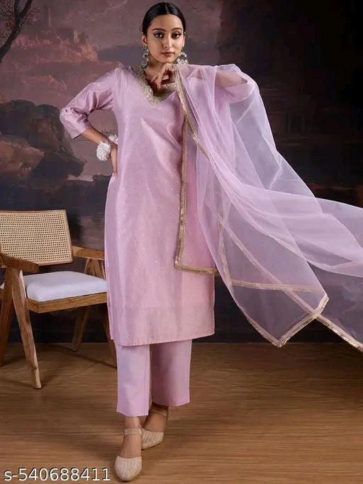 Woman's fully stitched Chanderi Silk Suit - Kurta with Bottom and  Dupatta set