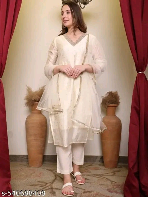 Woman's fully stitched Chanderi Silk Suit - Kurta with Bottom and  Dupatta set