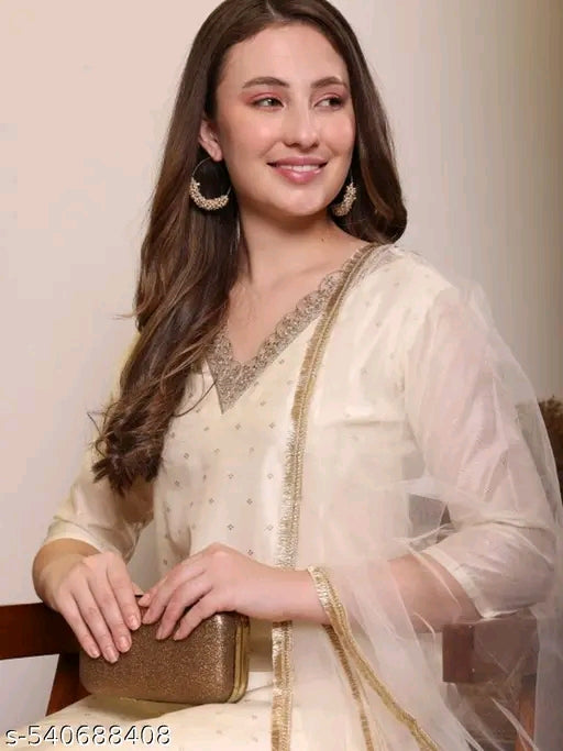 Woman's fully stitched Chanderi Silk Suit - Kurta with Bottom and  Dupatta set