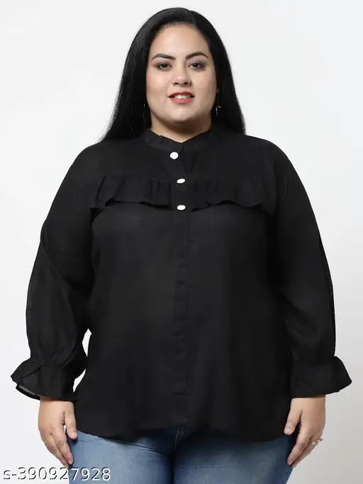 FAZZN Plus Size Black Rayon High Neck Full Sleeves Solid Top