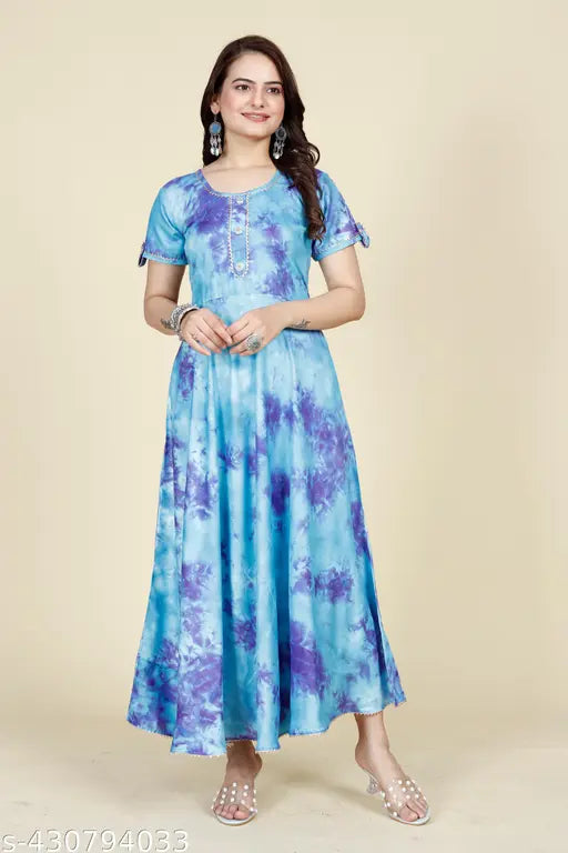 Ashima Designer Blue Color Short Sleeve Shibori Print Lace Work Gown