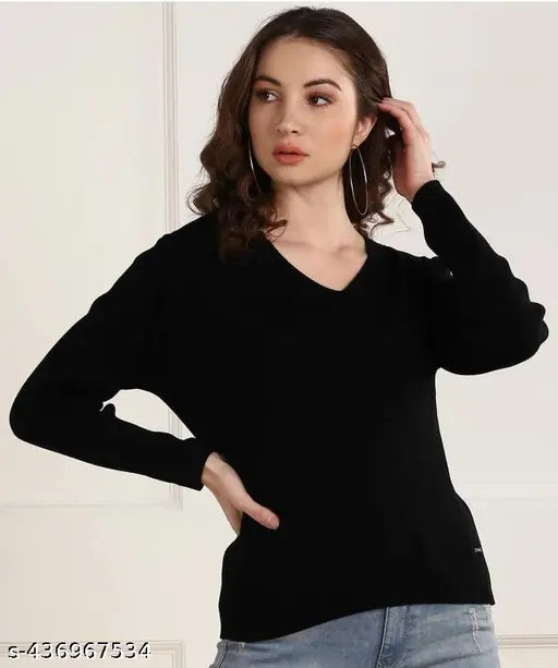 Stylish Women's & Girls' Solid Ribbed V Neck Collarless Full Sleeve Slim Fit Simplicity Top