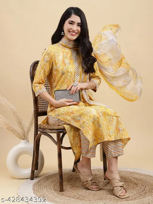 Women's Foil Print Kurta Pant with Dupatta Ethnic Set