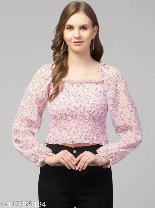 Women Girls Puff Sleeves Floral Smocked Top