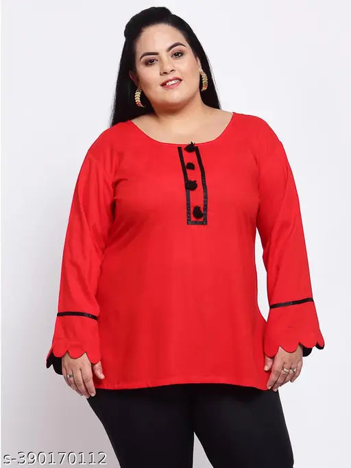 FAZZN Plus-Size Red Rayon Round Neck Full Sleeves Top