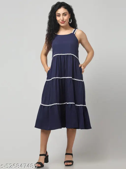 Women solid sleeveless crep fit and flare dress