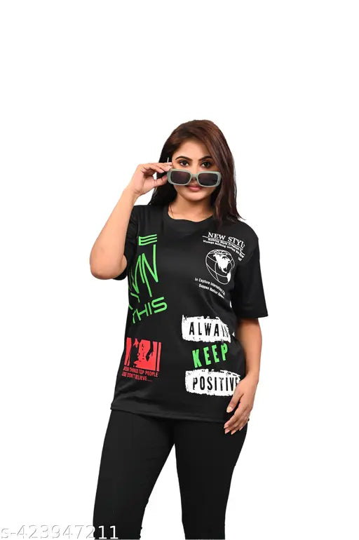 Woman Round Neck Cotton Blend Printed T shirt