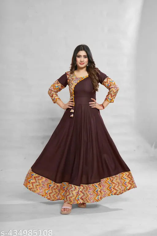 Ashima Designer Brown Color Solid Print Patch Work Anarkali Kurti