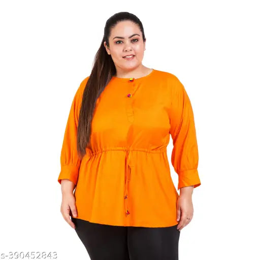 FAZZN Plus Size Orange Round Neck Three Quarter Sleeves Rayon Top