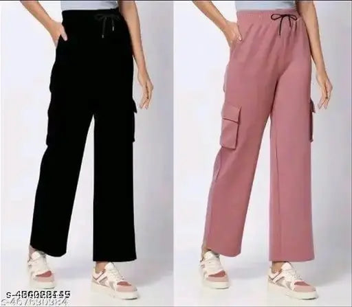 Women solid cargo jogers combo pants cotton lycra 4 pocket