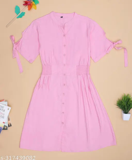 Nature Craft Pink  Rayon Solid Round Neck Half  Sleeve Women Dress