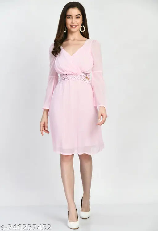 Stylish Solid Chiffon Lace Pink dress & A line dress for women