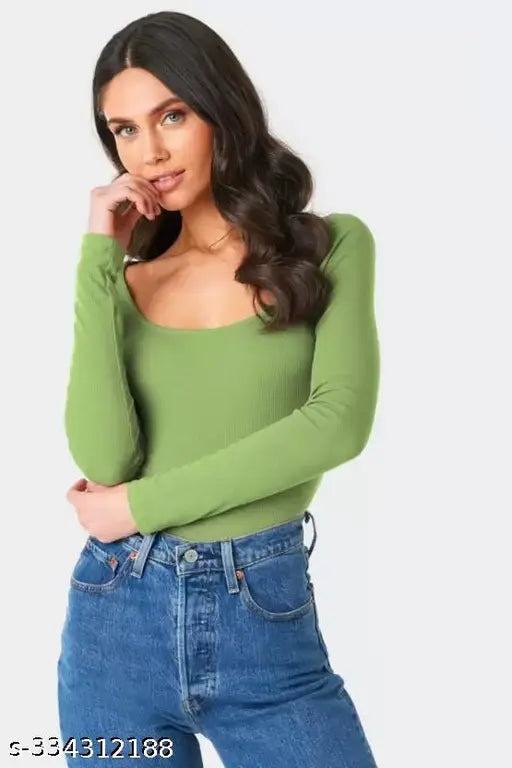 Women Casual Wear Deep Round Neck Full Sleeve Cotton Blend Ribbed Top for women and girls