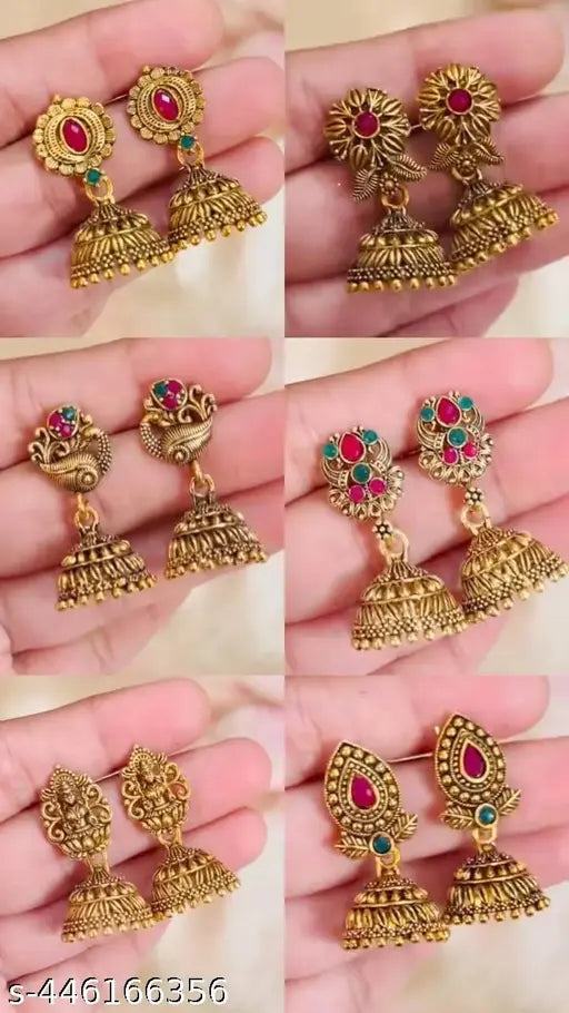 South Indian Gold Plated  Earrings Set (Pack of 6) - Jhumka Earring's 