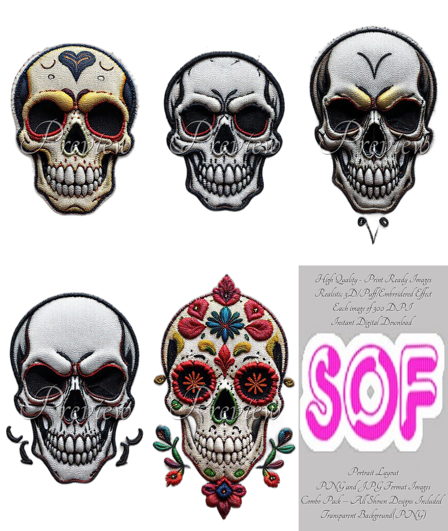 Skull Theme Pack of 5 Digital Images – 300 DPI Printable Art