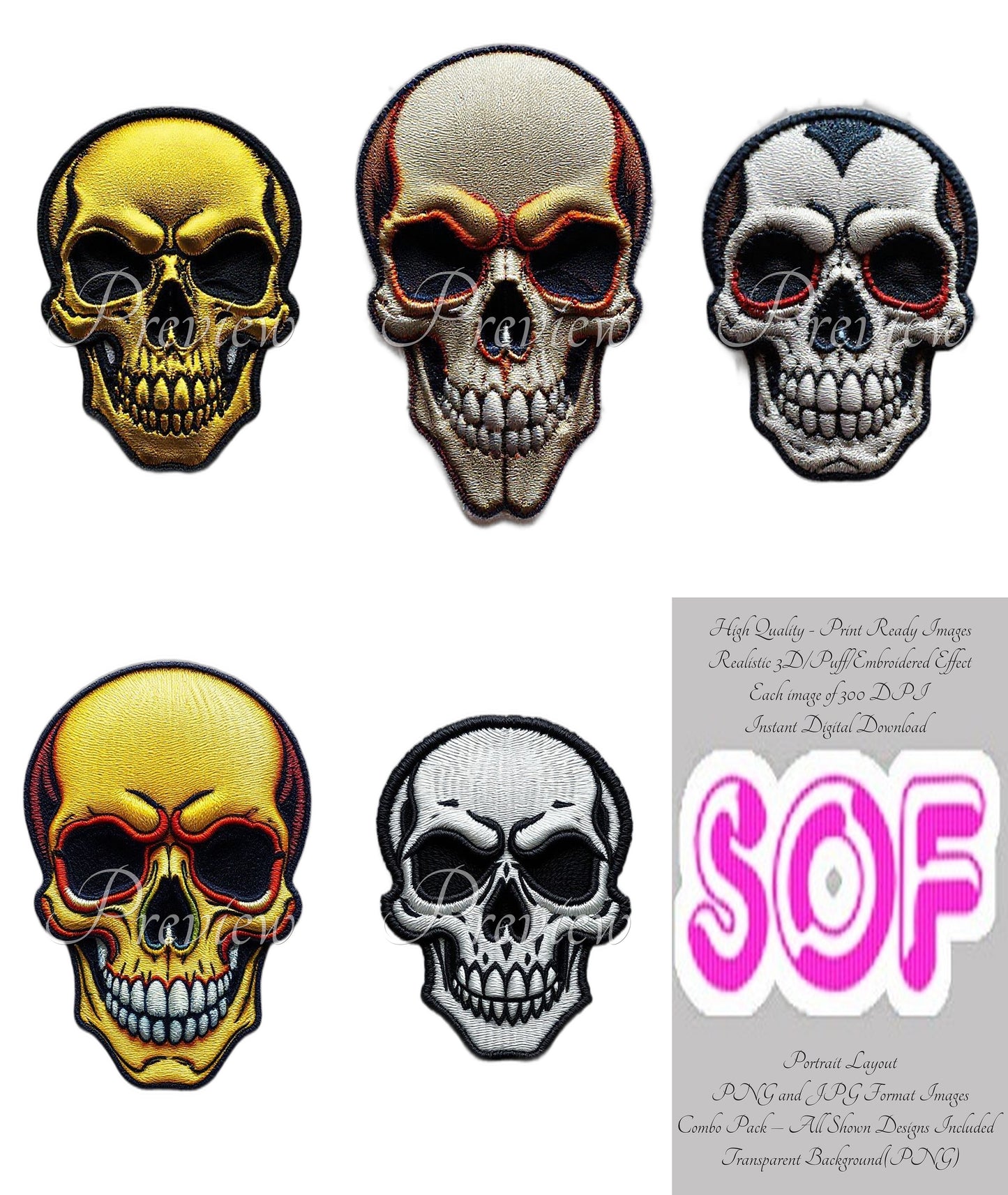 Skull New #set2 Theme Pack of 5 Digital Images | 300 DPI Printable Art | Print on Demand Images