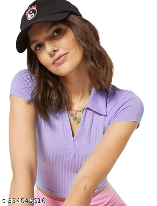 Women Casual Wear Polo Collar Neck Half Sleeve Cotton Blend Ribbed Top for girls and women