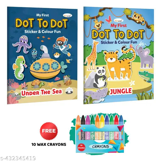 My first Dot to Dot Sticker & Colour Fun - Under the Sea and Jungle with 10 Wax Crayons : Fun and Educational Art Book  Kids Coloring Book  Coloring Book for kids - Combo of 2 Colouring Books