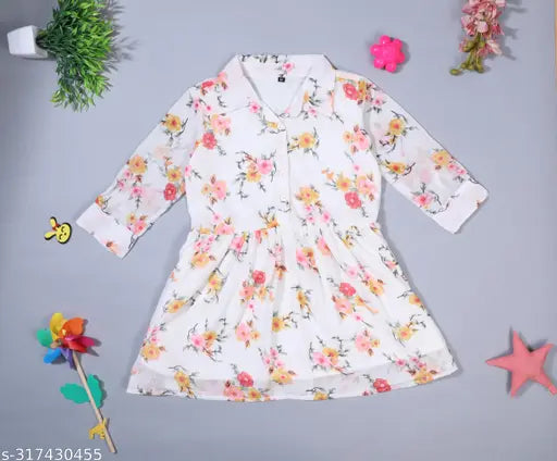 Nature Craft White Georgette Floral 3/4 Sleeve knee Length Kids Dress