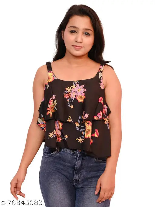 Nature Craft Floral Printed Black Colored Crepe Crop Top With Square Neck