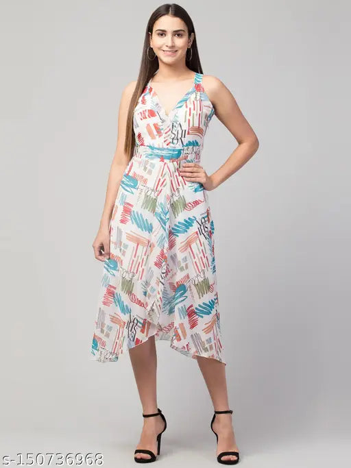 Women Printed Sleeveless Georgette Front Slit knee length Dress