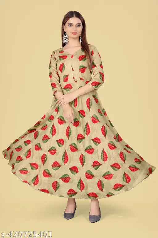 Ashima Designer Beige color Leaf Print Quality Lace Work Anarkali Flared Gown