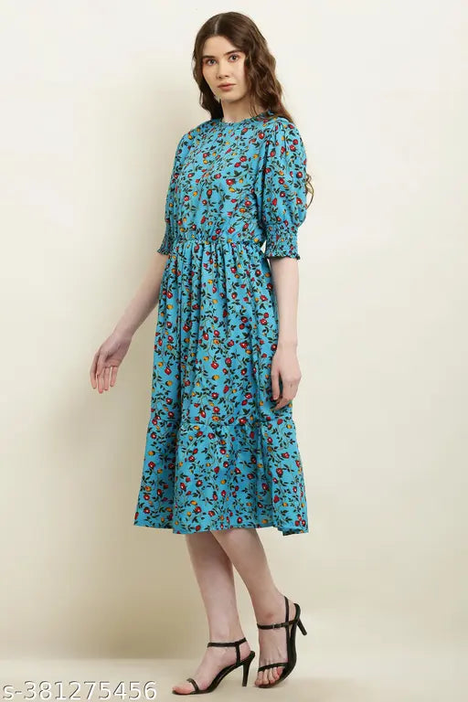 Women's Flroal Crepe Tiered & Smocked Maxi Dress Fit & Flared V Neck 3/4 Puff Sleeve Summer Wear One Piece Girls Dress Western Party Casual Wear Outfits for Ladies