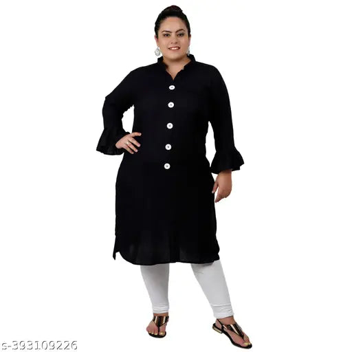 FAZZN Plus Size A-Line Knee Length Black Rayon Kurti with Collared Neck and Full Sleeves