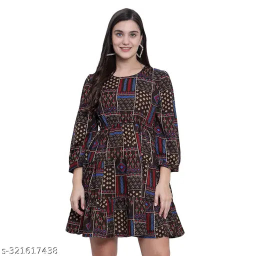 Nature Craft Multicolor Poly Crepe Floral Printed 3/4th Women A-Line Dress
