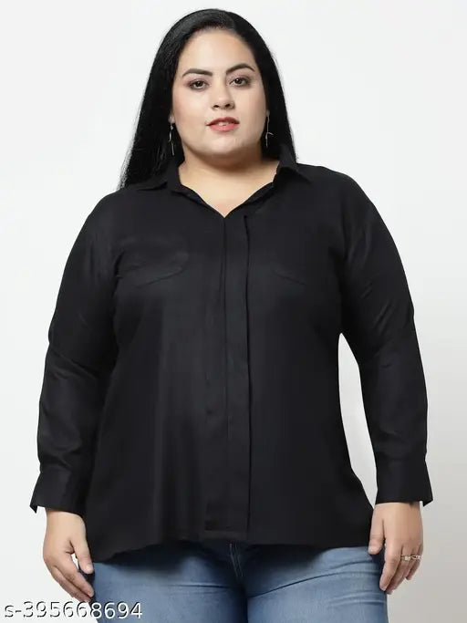 FAZZN Plus Size Black Rayon Collared Full Sleeves Solid Top