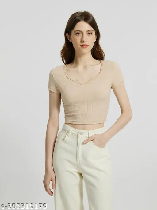 Women Casual Wear V Neck V Cut Half Sleeve Crop Cotton Blend Ribbed Top