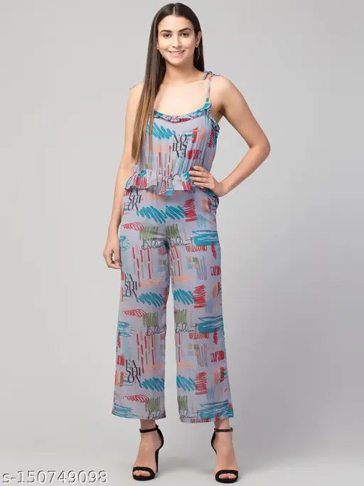 Women Girls Tie-up Shoulder Straps Printed Georgette Flared Jumpsuit