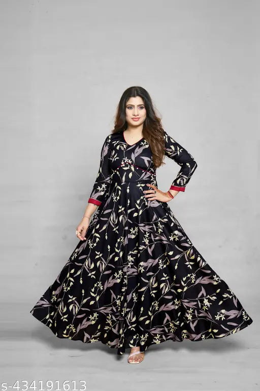 Ashima Designer Black Color Floral Print V-Neck Flared Anarkali Gown