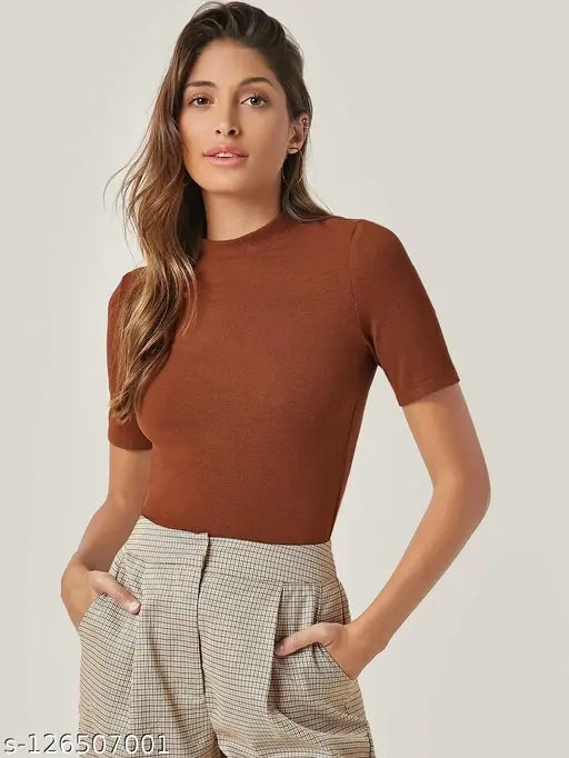 Women Casual Wear Round Neck Half Sleeve Ribbed Top