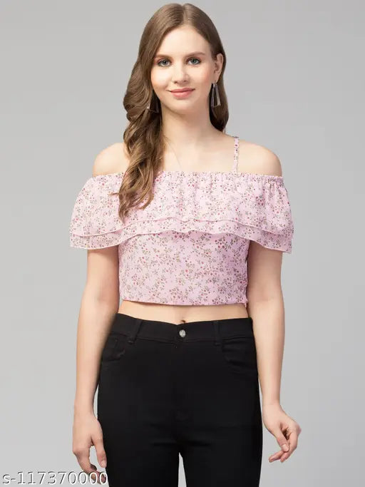 Women Girls Casual Off-Shoulder Floral Frill Top