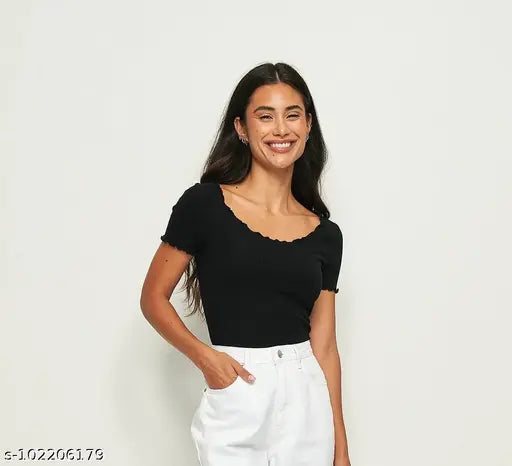 Deep Round Neck Babylock Short Sleeves Ribbed Top